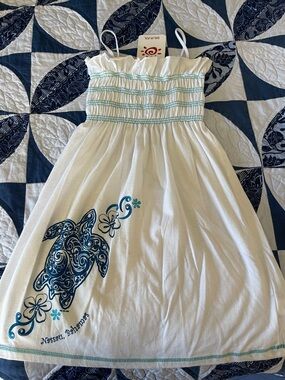 Kids White Dress with Blue Turtle Graphic - Nassau, Bahamas